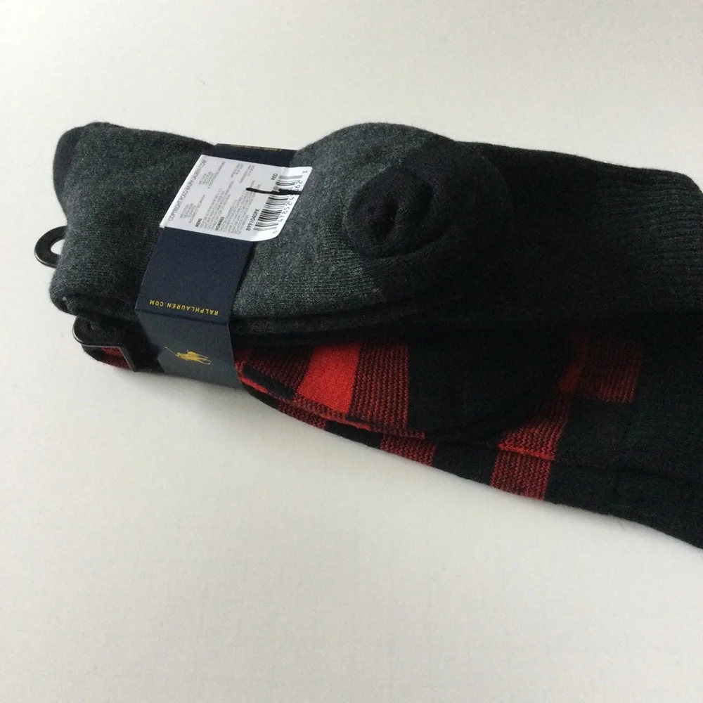 POLO RALPH LAUREN MENS 2 PAIR PACK BOOT SOCKS RED/BLACK AND GRAY WITH LOGO NWT